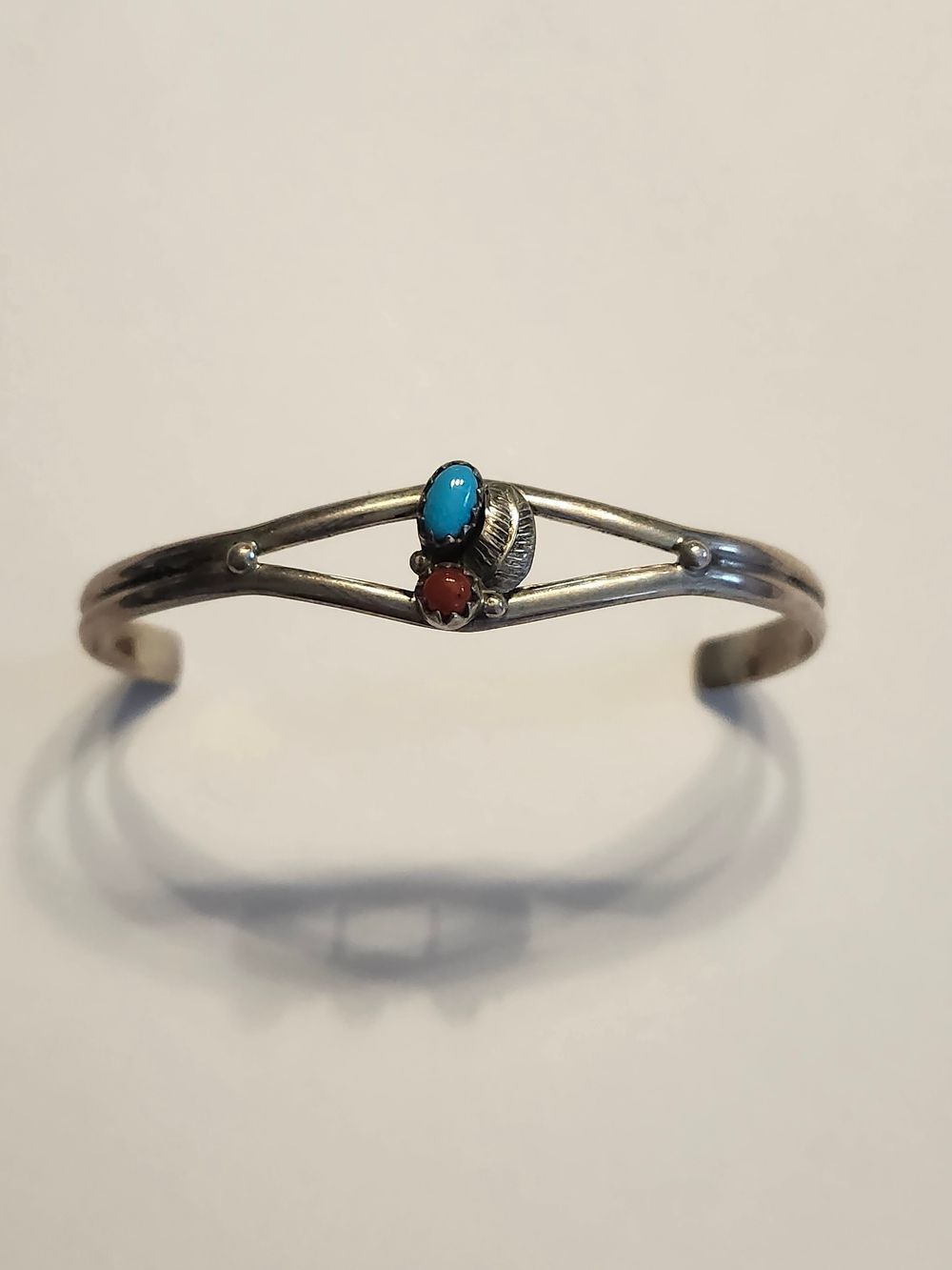 Sterling Silver Turquoise & Coral Cuff Bracelet - Native Style Childs Size